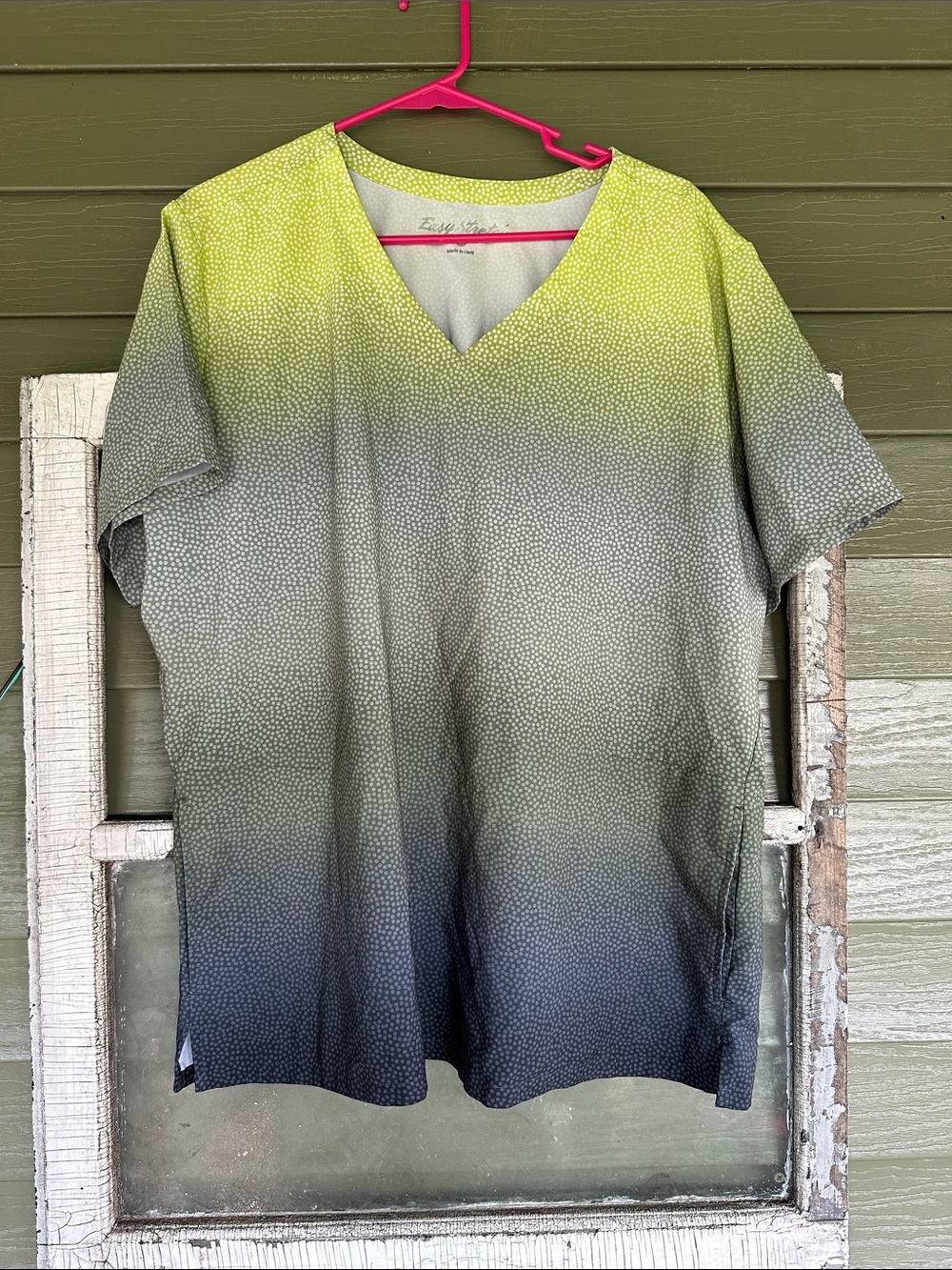 Easy Stretch Ombre Scrub Top Lime Green Grey Dot Print V-Neck 2X